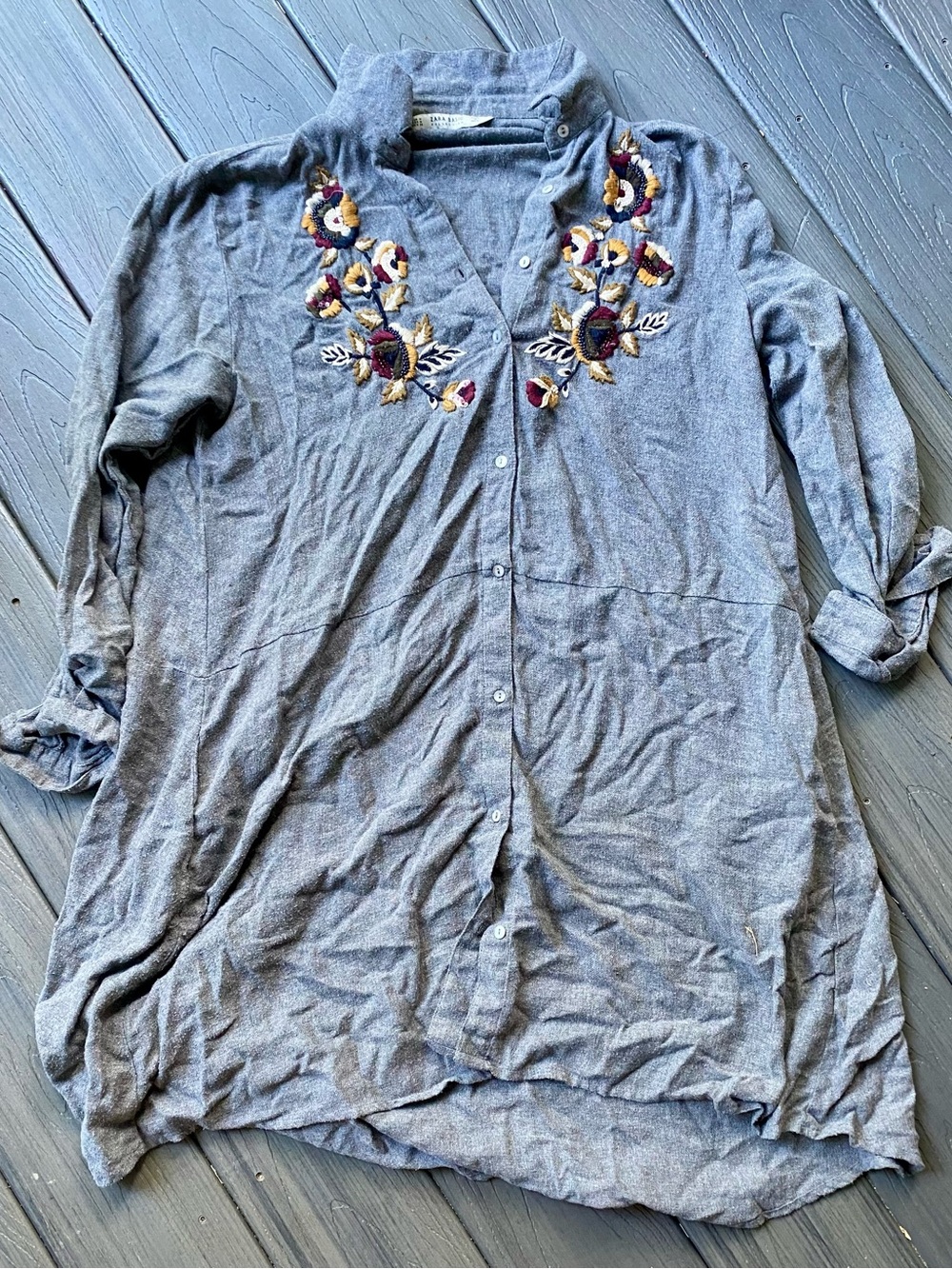 Zara Gray Embroidered Button-Front Tunic Dress
